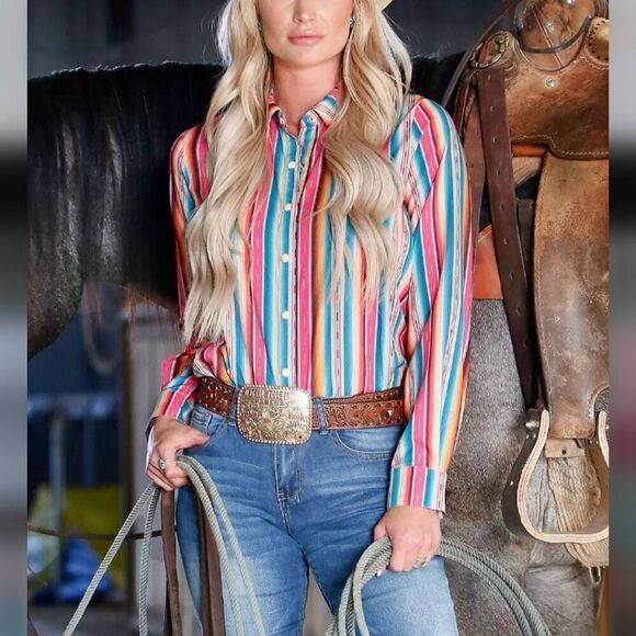 Western Cowgirl Aztec SerapeāPrint Long Sleeve Pearl Snap Casual Top New - Picture 3 of 12